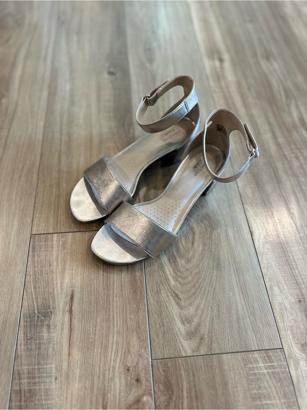 Clarks Metallic Silver Ankle-Strap Block Heel Sandals